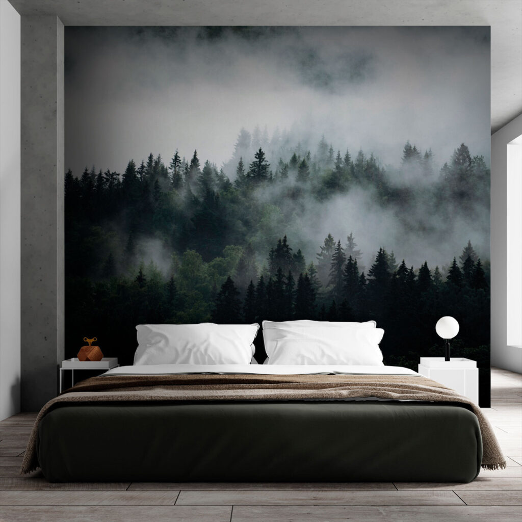 Mistig bos met bomen in een interieur