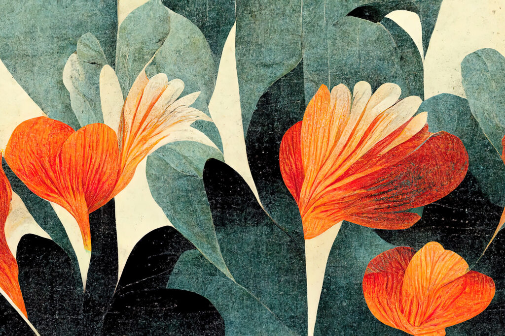 Oranje bloemen in kleurvlakken — volledig ontwerp