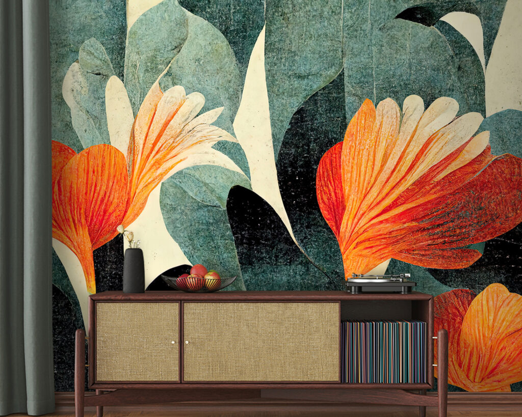 Oranje bloemen in kleurvlakken — interieur 1
