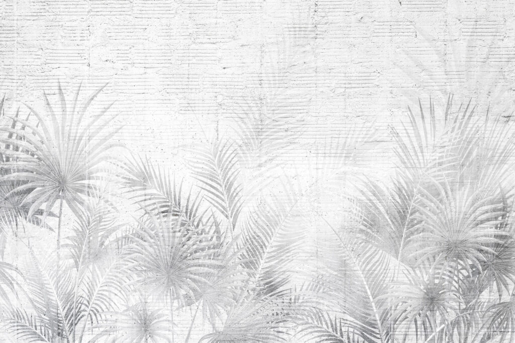 Witte en grijze achtergrond met palmbladeren — volledig ontwerp