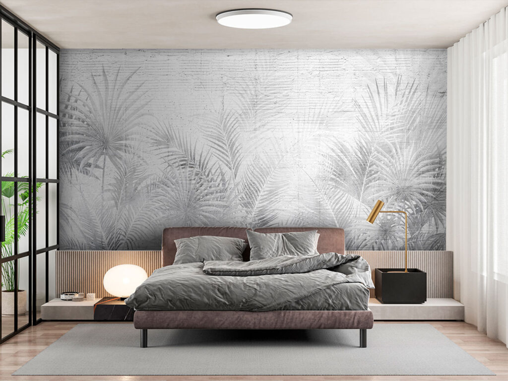 Witte en grijze achtergrond met palmbladeren — interieur 2