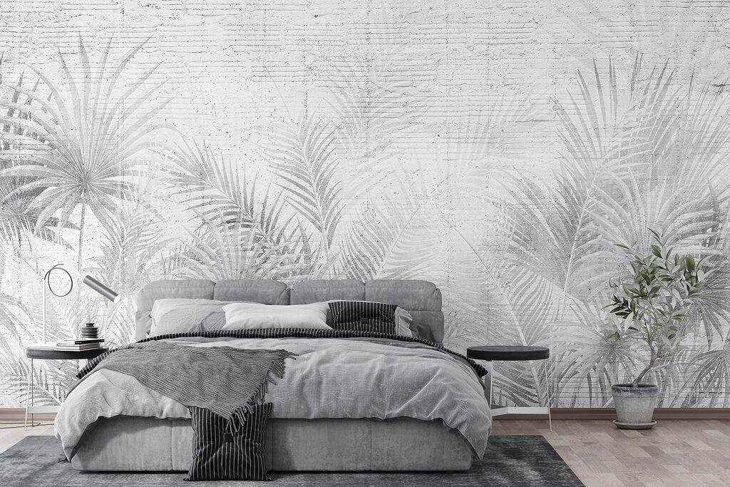 Witte en grijze achtergrond met palmbladeren — interieur 4