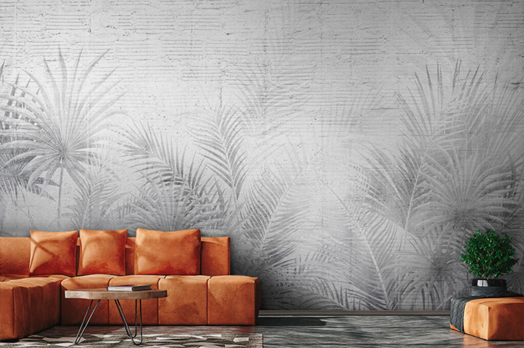 Witte en grijze achtergrond met palmbladeren — interieur 3