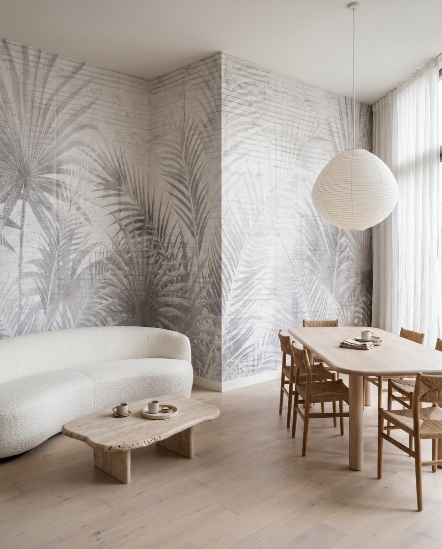 Witte palmen langs baksteen in een interieur
