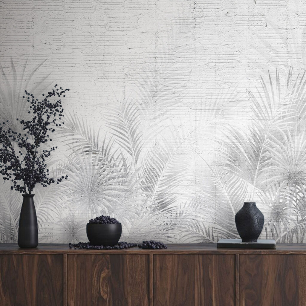 Witte en grijze achtergrond met palmbladeren — interieur 1