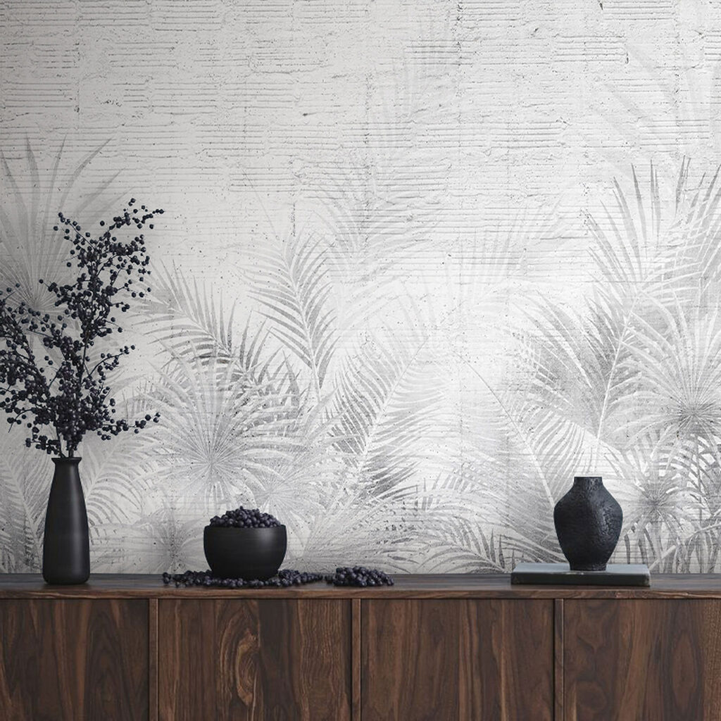 Witte en grijze achtergrond met palmbladeren — interieur 5
