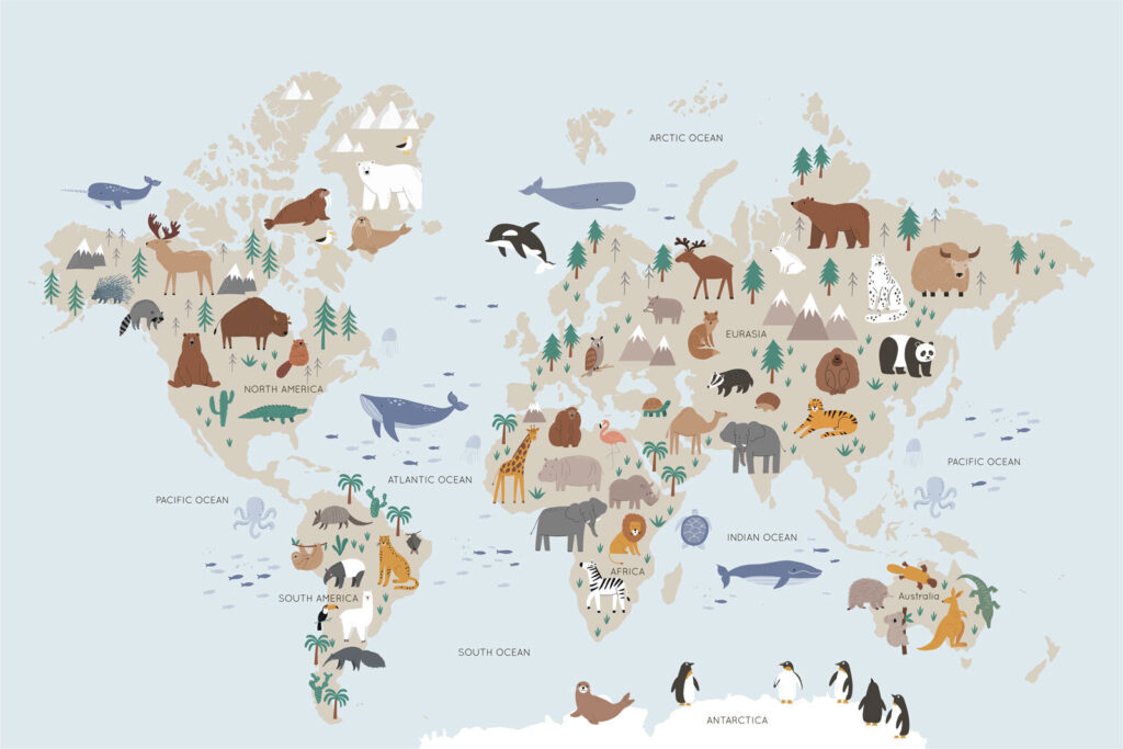 Werelddieren op lichtblauwe kaart — volledig ontwerp