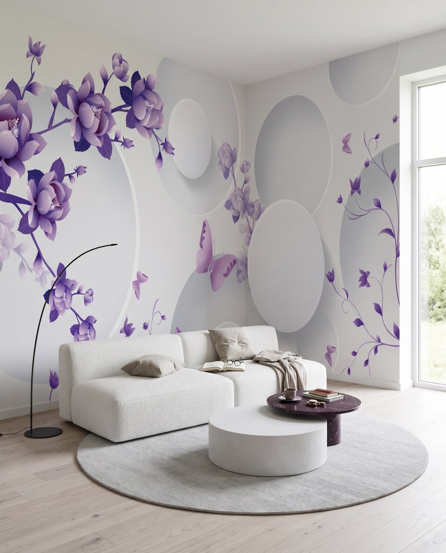 Lila bloemen tussen cirkels in een interieur
