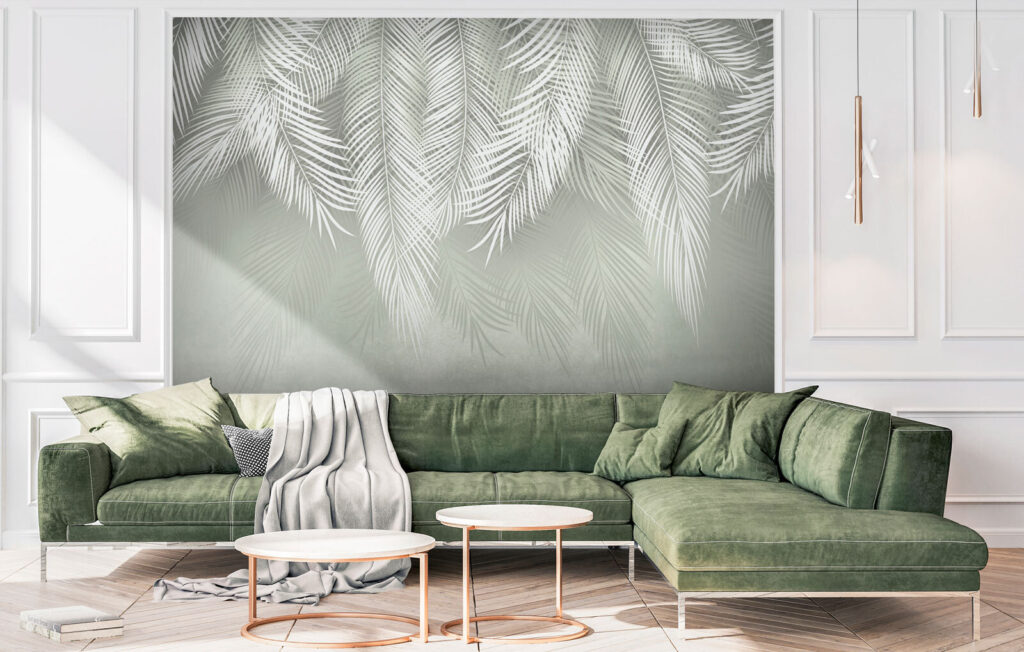 Lichte palmveren op grijsgroen — interieur 2