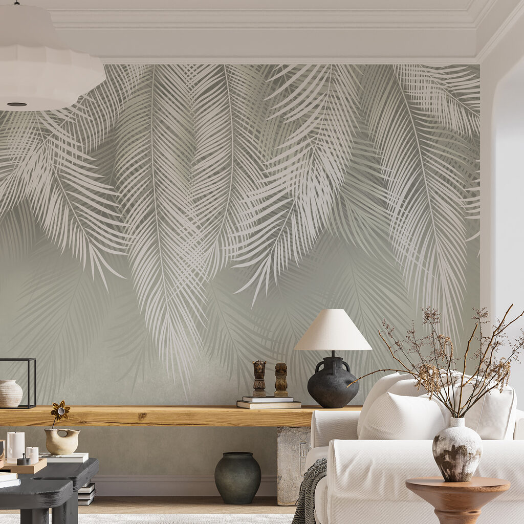 Lichte palmveren op grijsgroen — interieur 4