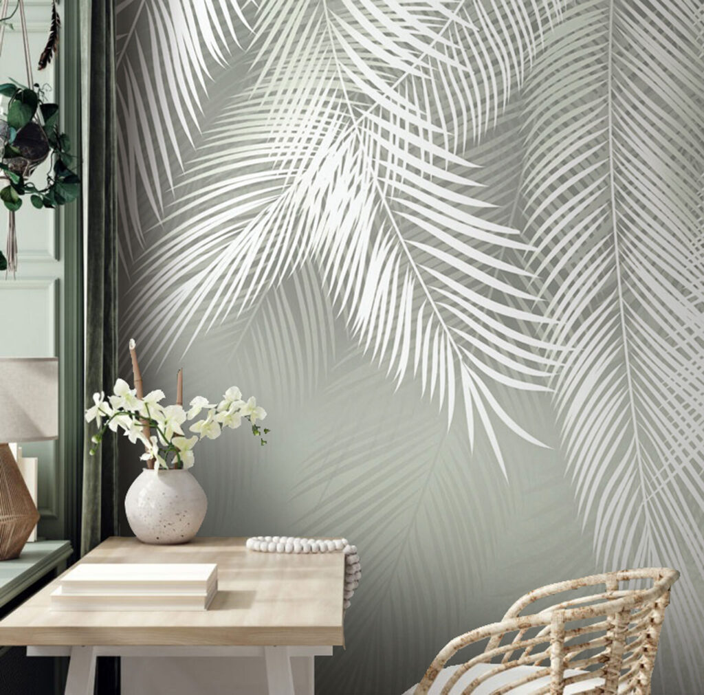 Lichte palmveren op grijsgroen — interieur 3