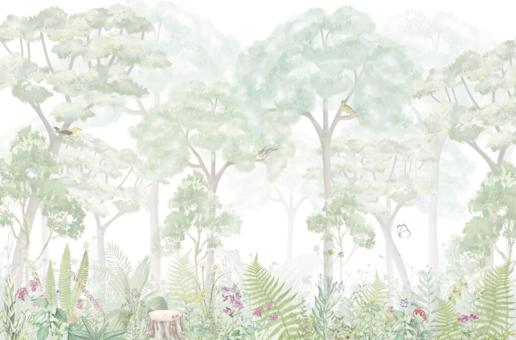Bleke bomen boven veldbloemen — volledig ontwerp