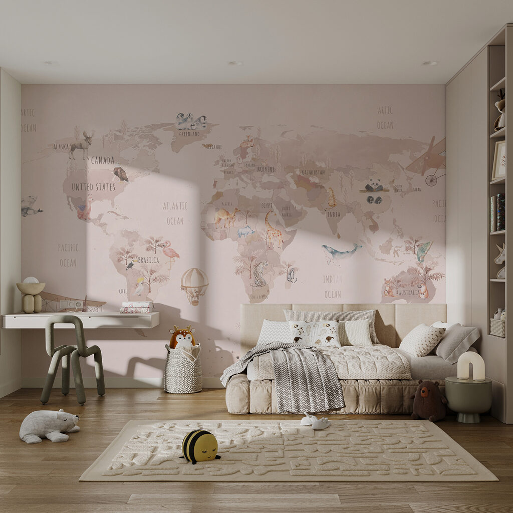 Wereldkaart met dieren en vogels in een interieur