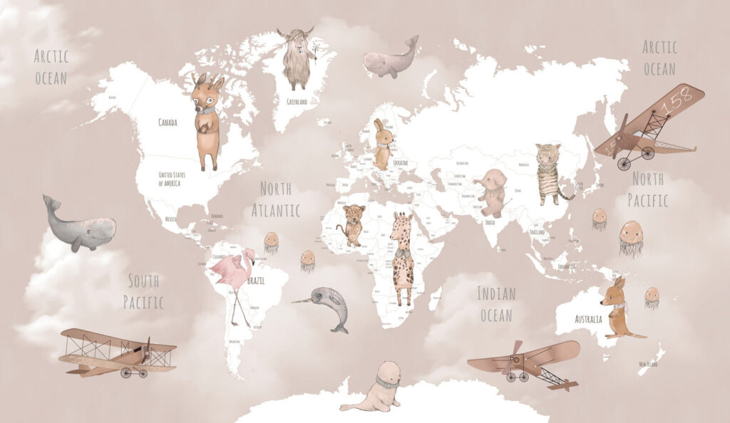 Witte wereldkaart met dieren — volledig ontwerp