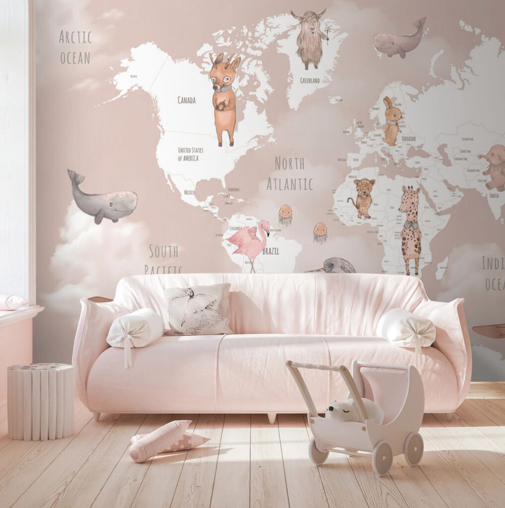 Witte wereldkaart met dieren — interieur 1