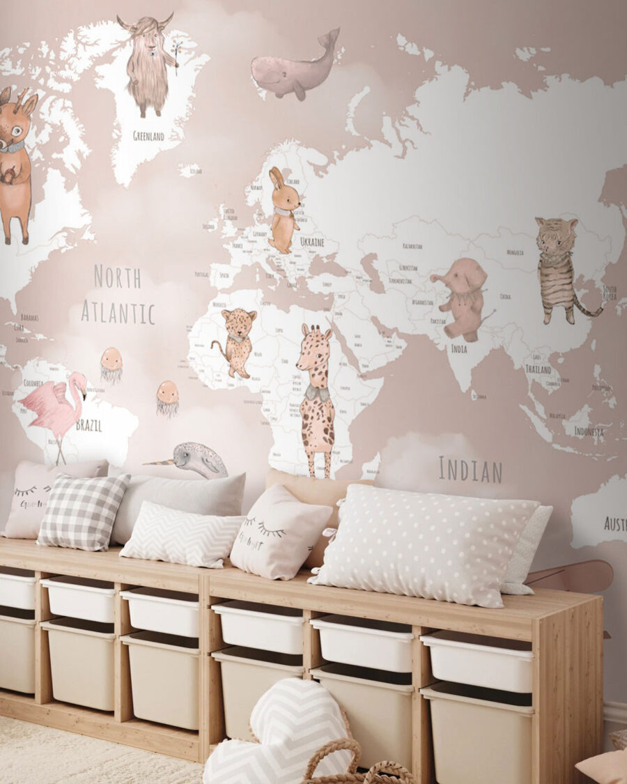 Witte wereldkaart met dieren — interieur 2