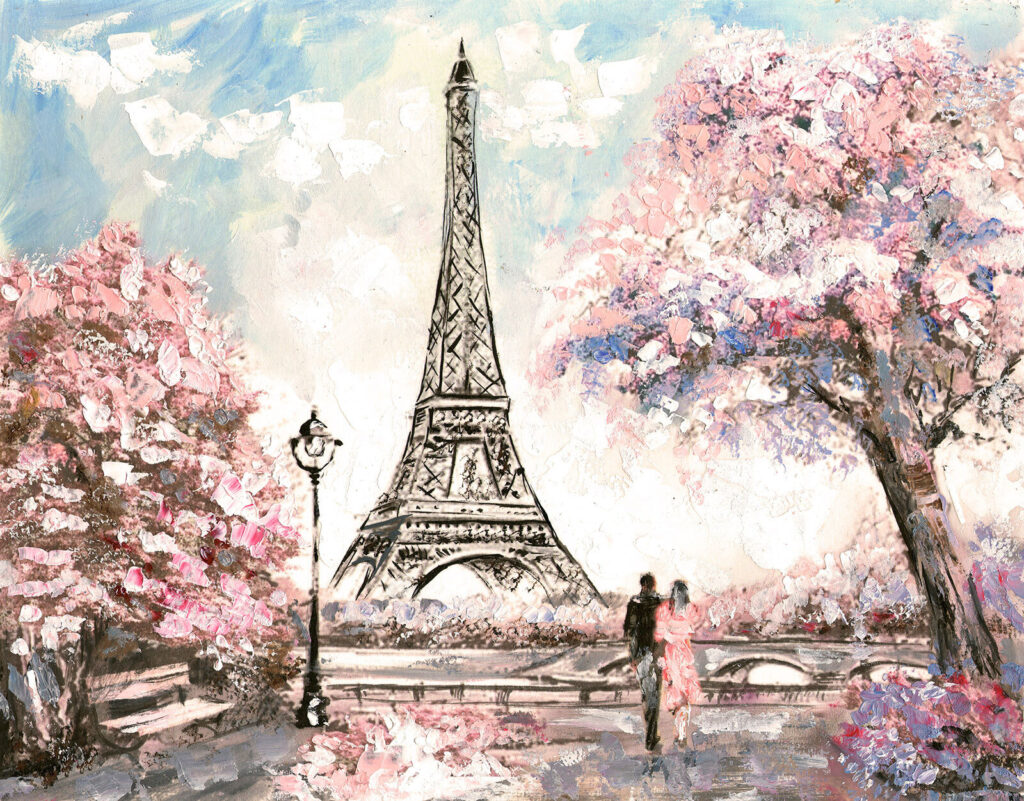 Eiffeltoren tussen roze bloesembomen — volledig ontwerp