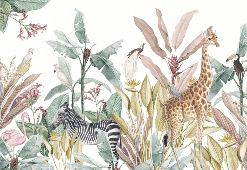 Dieren in een weelderige tropische omgeving — volledig ontwerp