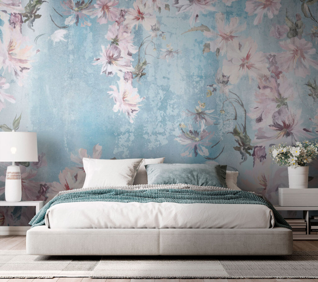 Roze bloesem op verfblauw — interieur 2