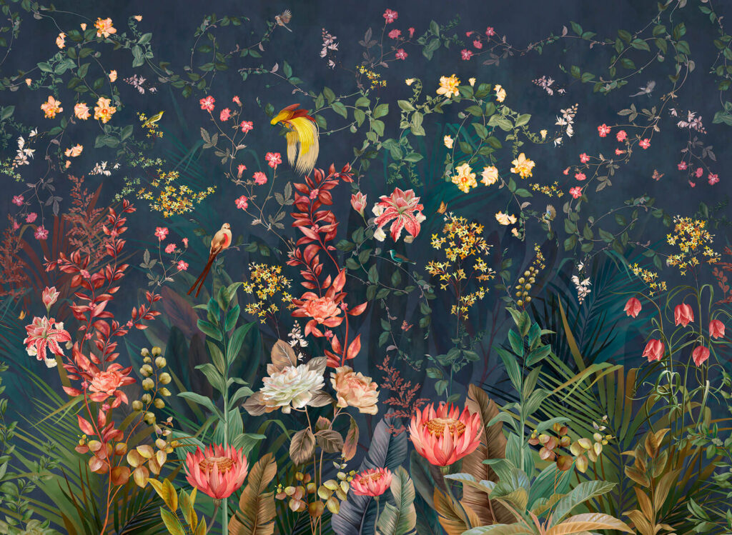 Kleurrijke bloemen en speelse vogels komen samen — volledig ontwerp