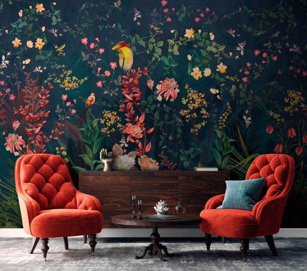 Kleurrijke bloemen en speelse vogels komen samen — interieur 1