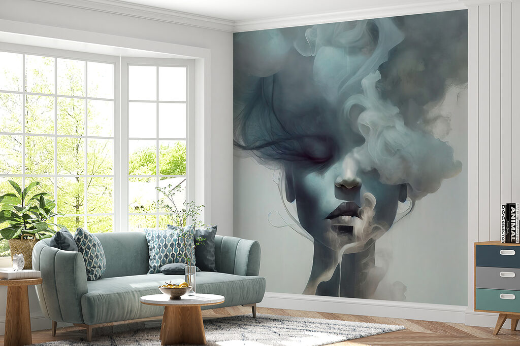 Gezicht achter blauwe wolken — interieur 6