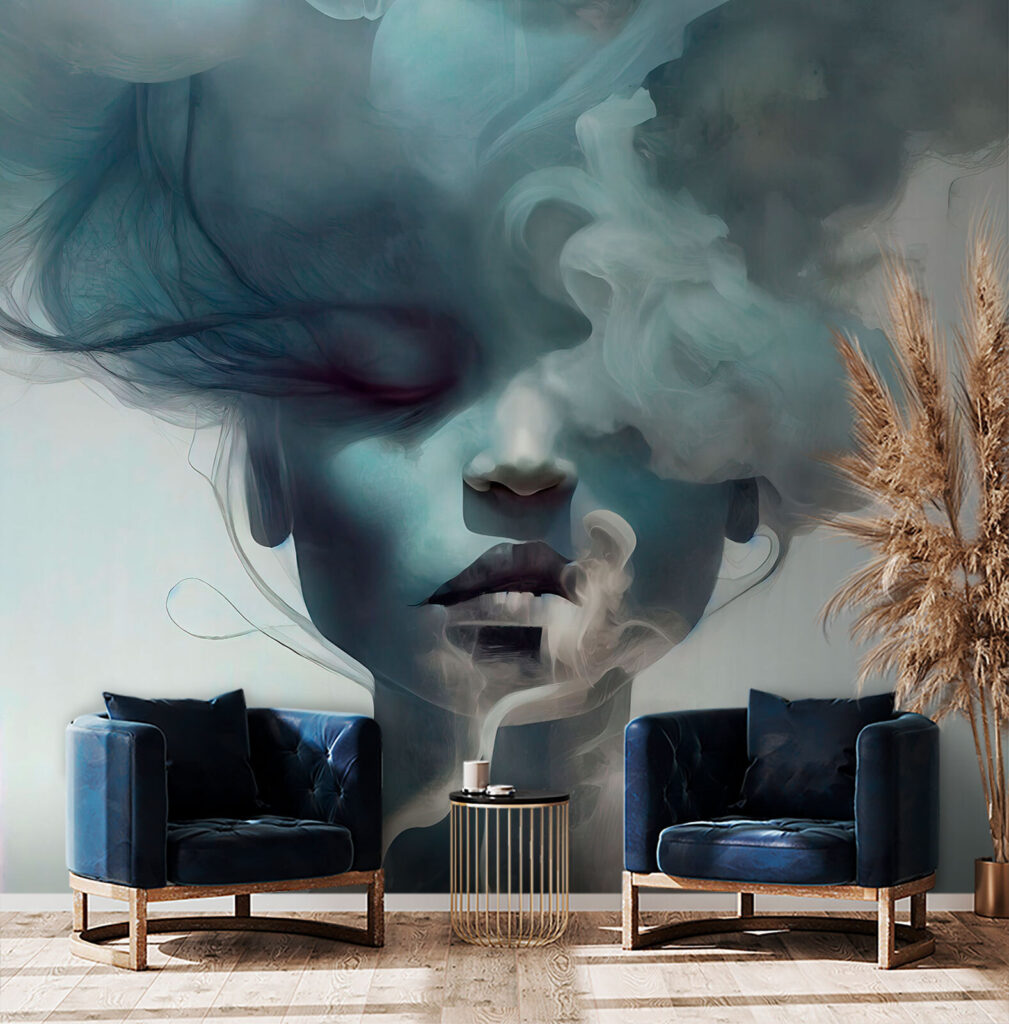 Gezicht achter blauwe wolken — interieur 3