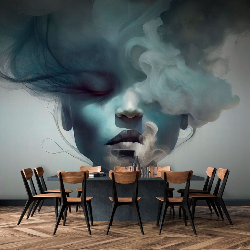 Gezicht achter blauwe wolken — interieur 4
