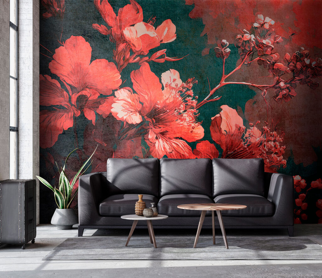 Rode bloemen op donkerpetrol — interieur 2