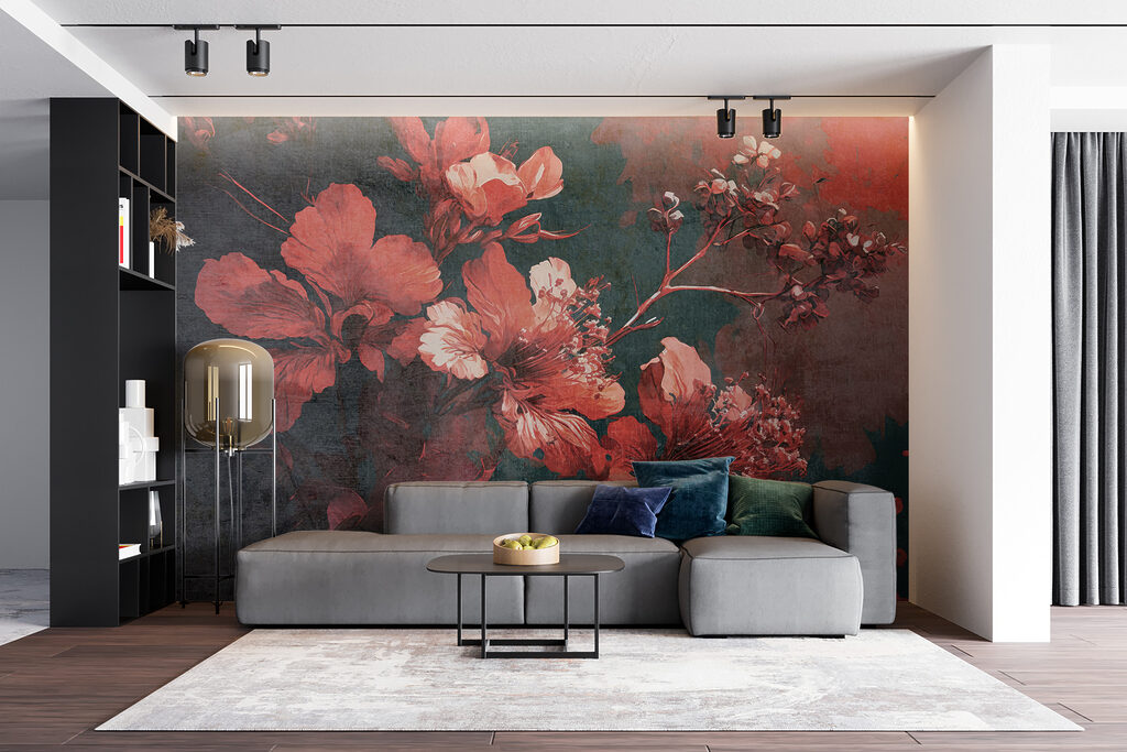 Rode bloemen op donkerpetrol — interieur 5