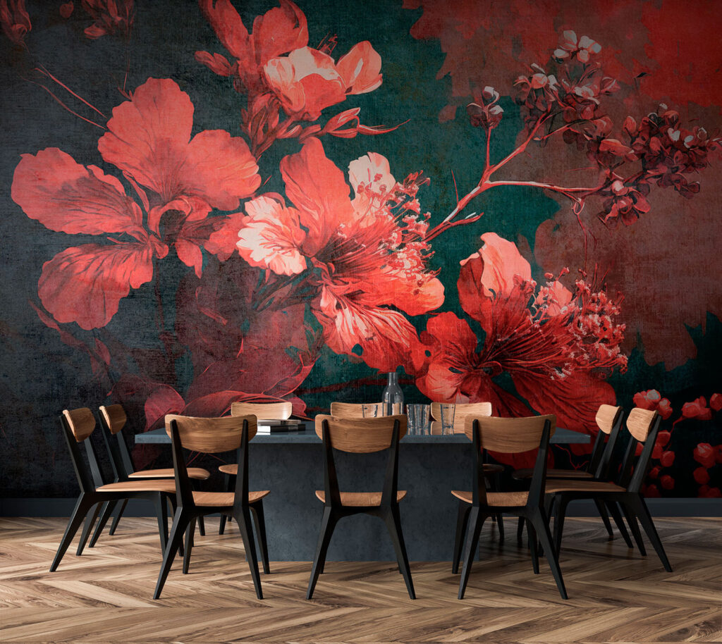 Rode bloemen op donkerpetrol — interieur 1
