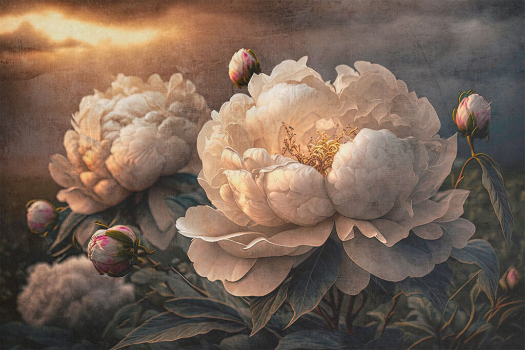 Pioenrozen onder dreigende wolken — volledig ontwerp
