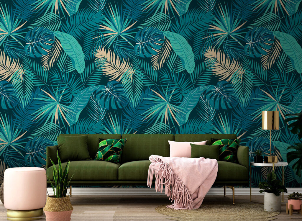 Bladerenpatroon op blauwe achtergrond in een interieur