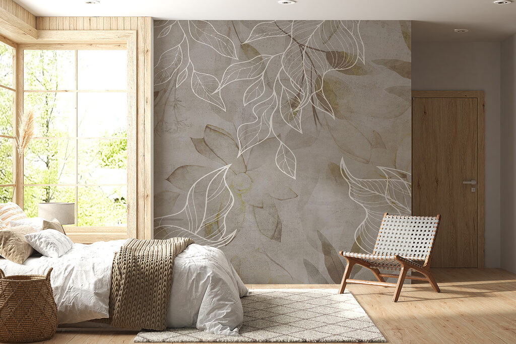 Witte bladlijnen op aardebruin — interieur 4