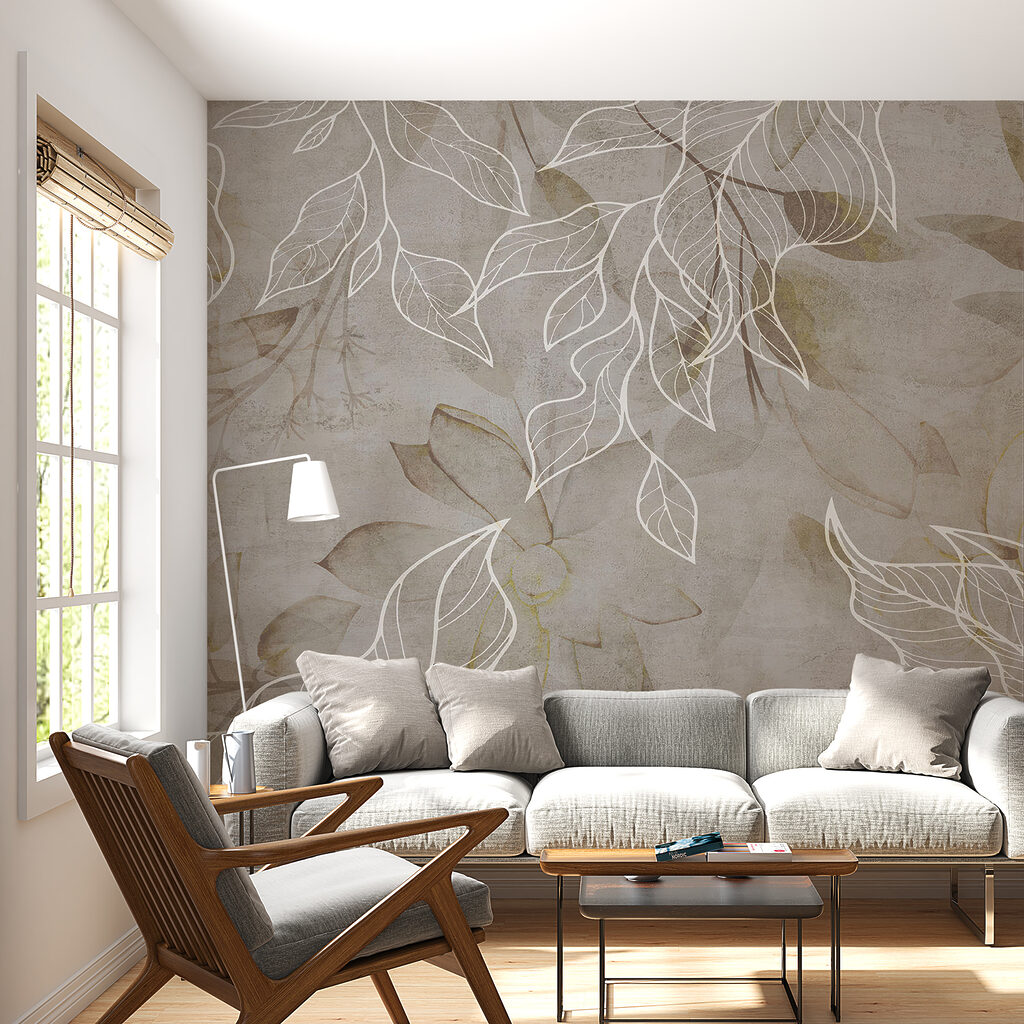 Witte bladlijnen op aardebruin — interieur 5