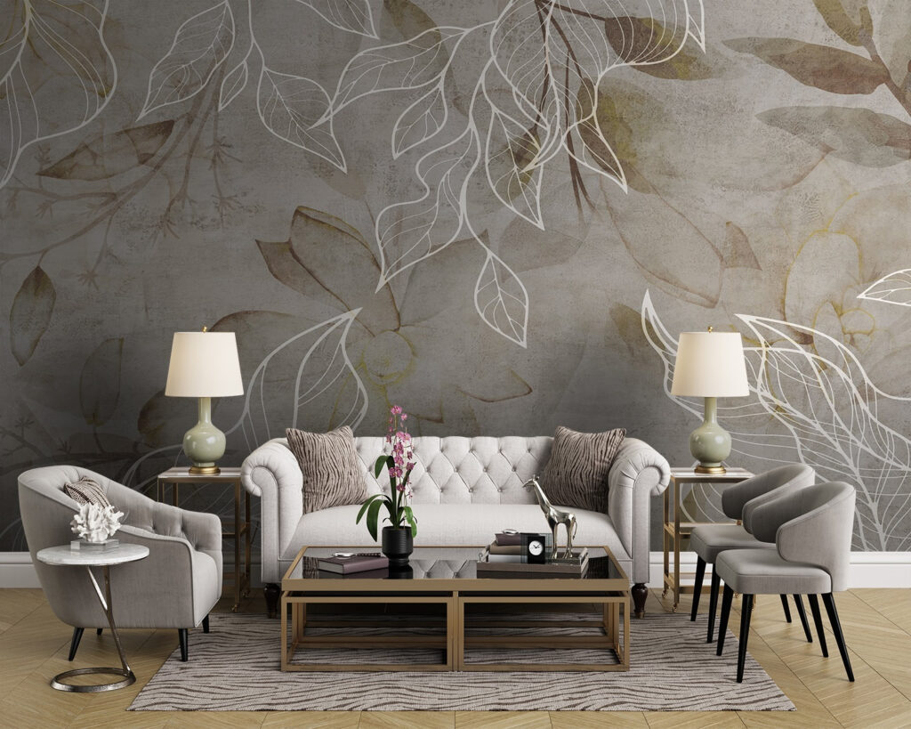 Witte bladlijnen op aardebruin — interieur 1