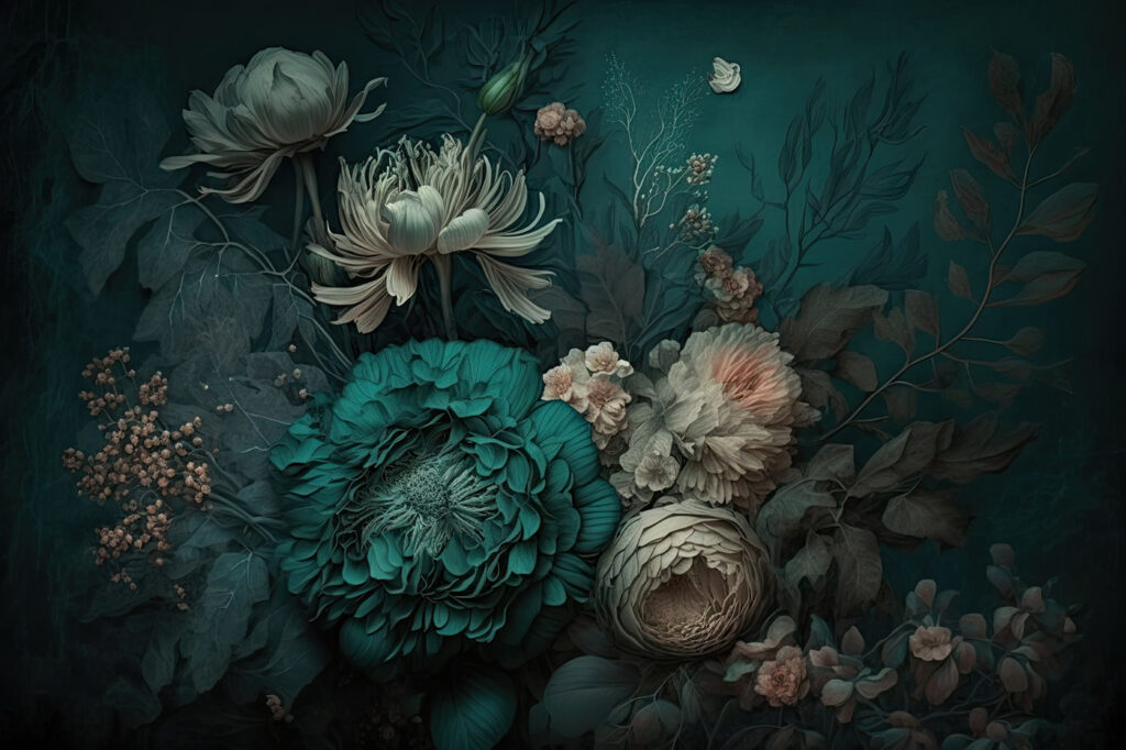 Turquoise pioen in schaduwboeket — volledig ontwerp