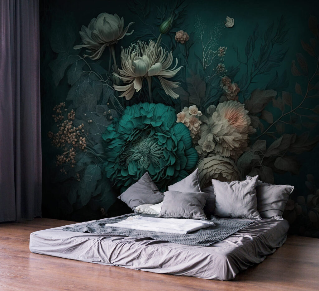 Turquoise pioen in schaduwboeket — interieur 1