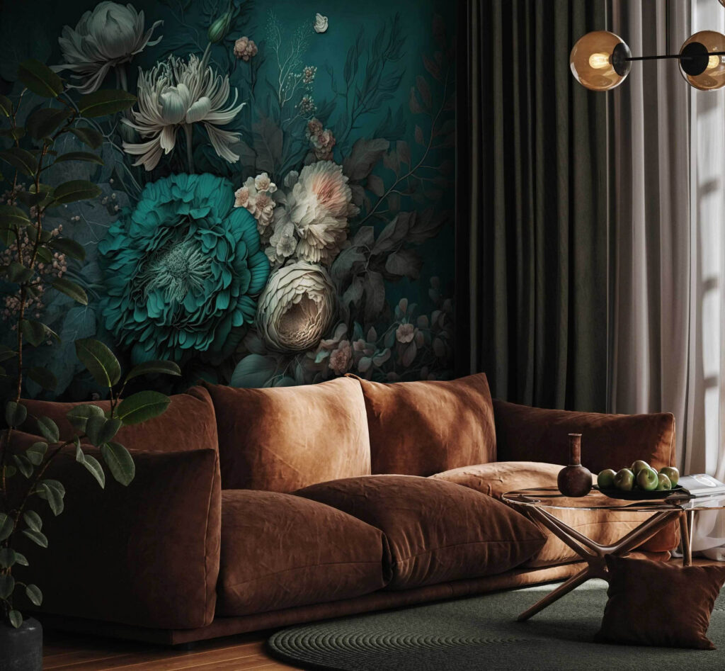 Turquoise pioen in schaduwboeket — interieur 2