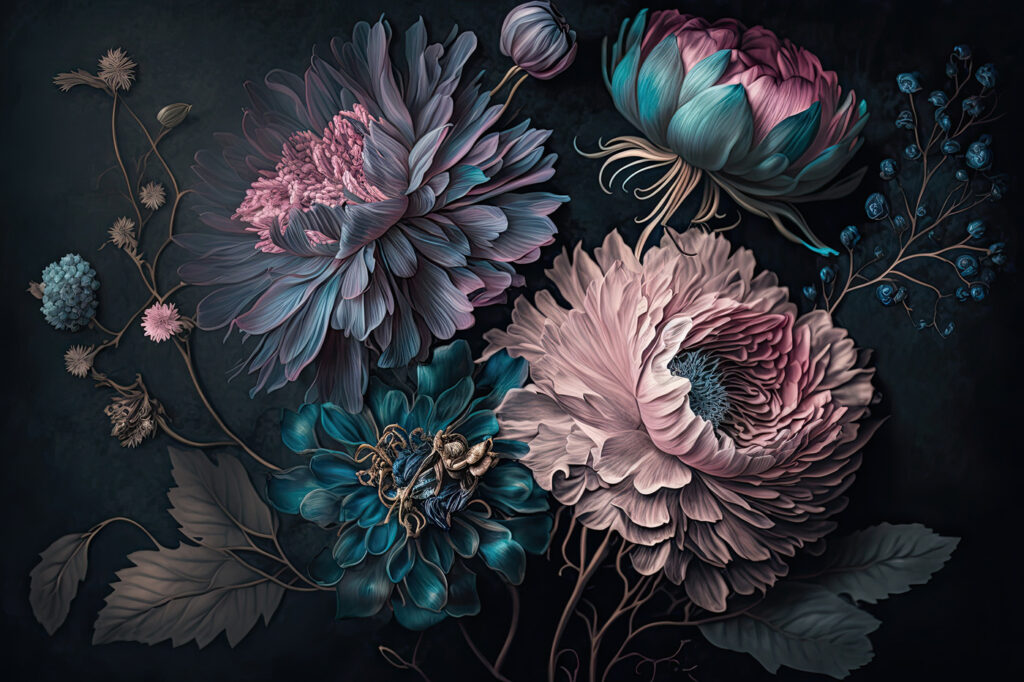 Roze bloei op donkerblauw — volledig ontwerp