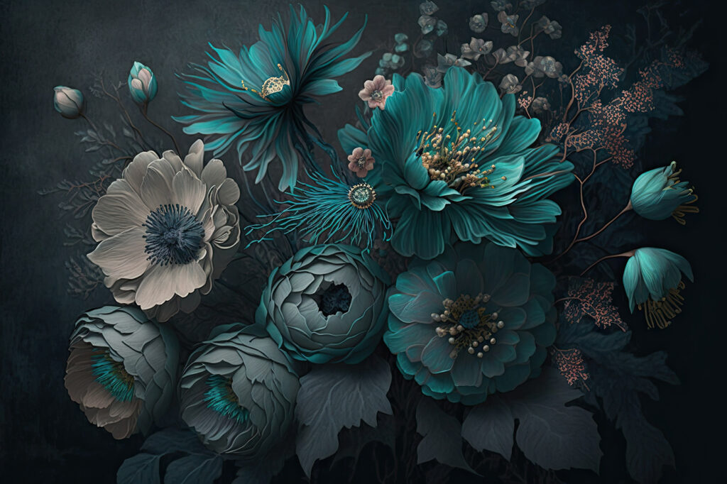 Blauwgroene bloemen op donkergroen — volledig ontwerp
