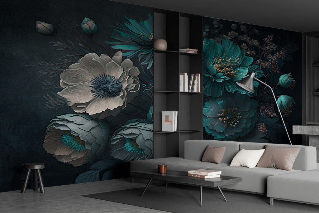 Blauwgroene bloemen op donkergroen — interieur 1