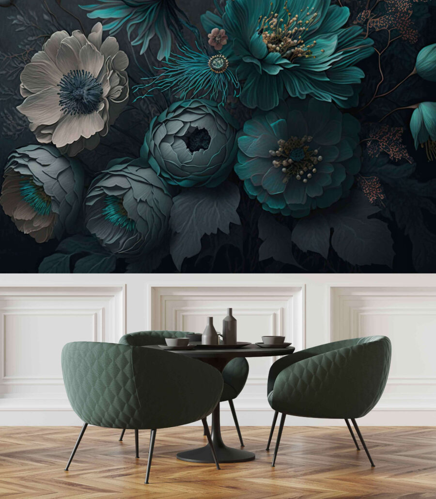 Blauwgroene bloemen op donkergroen — interieur 2