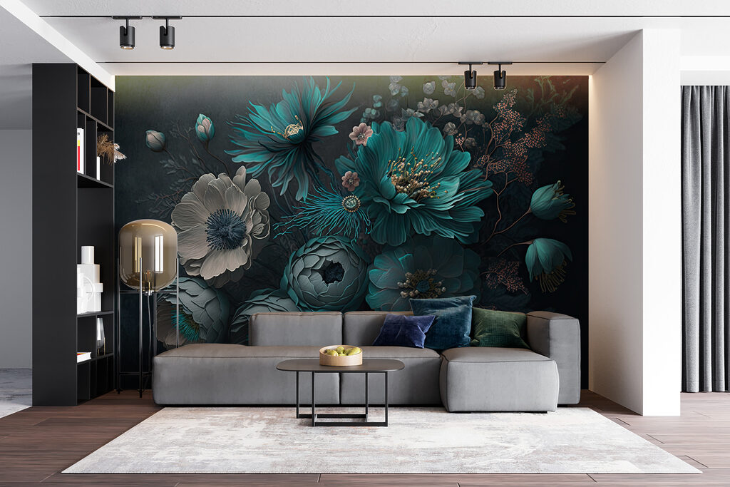 Blauwgroene bloemen op donkergroen — interieur 4