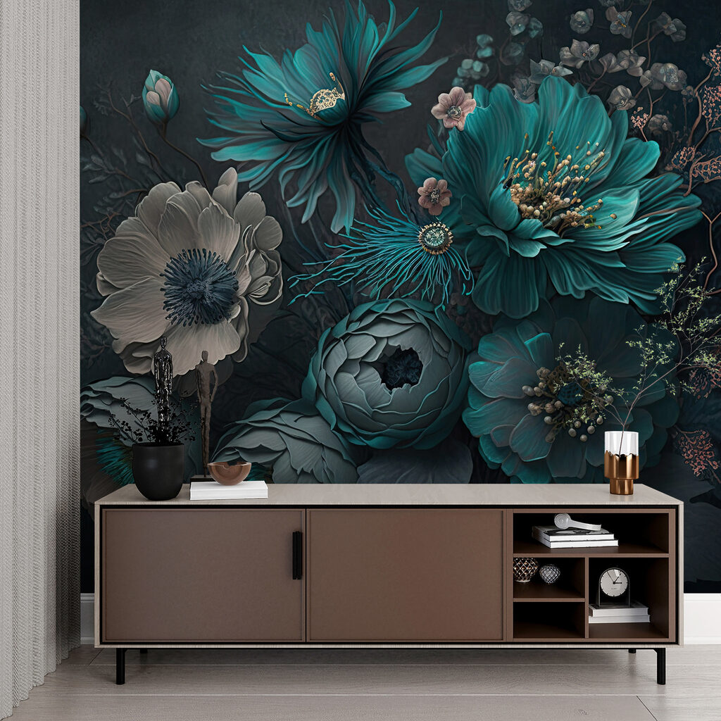 Blauwgroene bloemen op donkergroen — interieur 5