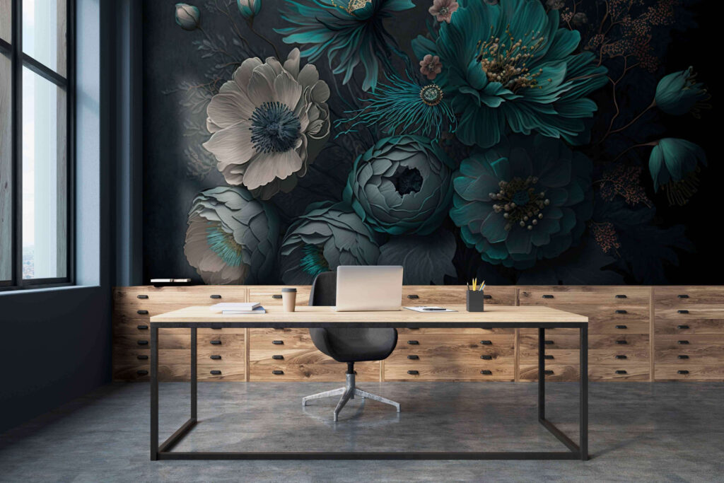 Blauwgroene bloemen op donkergroen — interieur 3