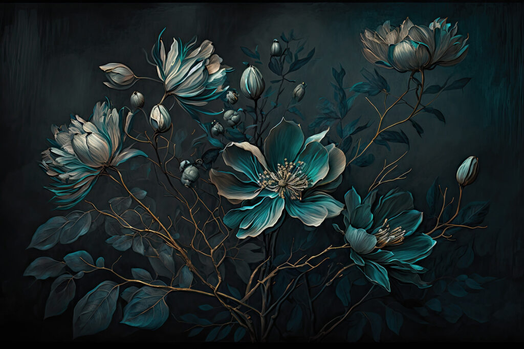 Turquoise bloemen aan sierstelen — volledig ontwerp