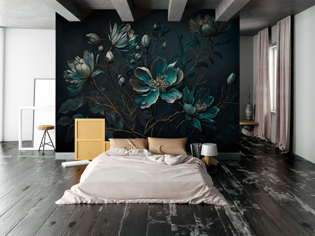 Turquoise bloemen aan sierstelen — interieur 1