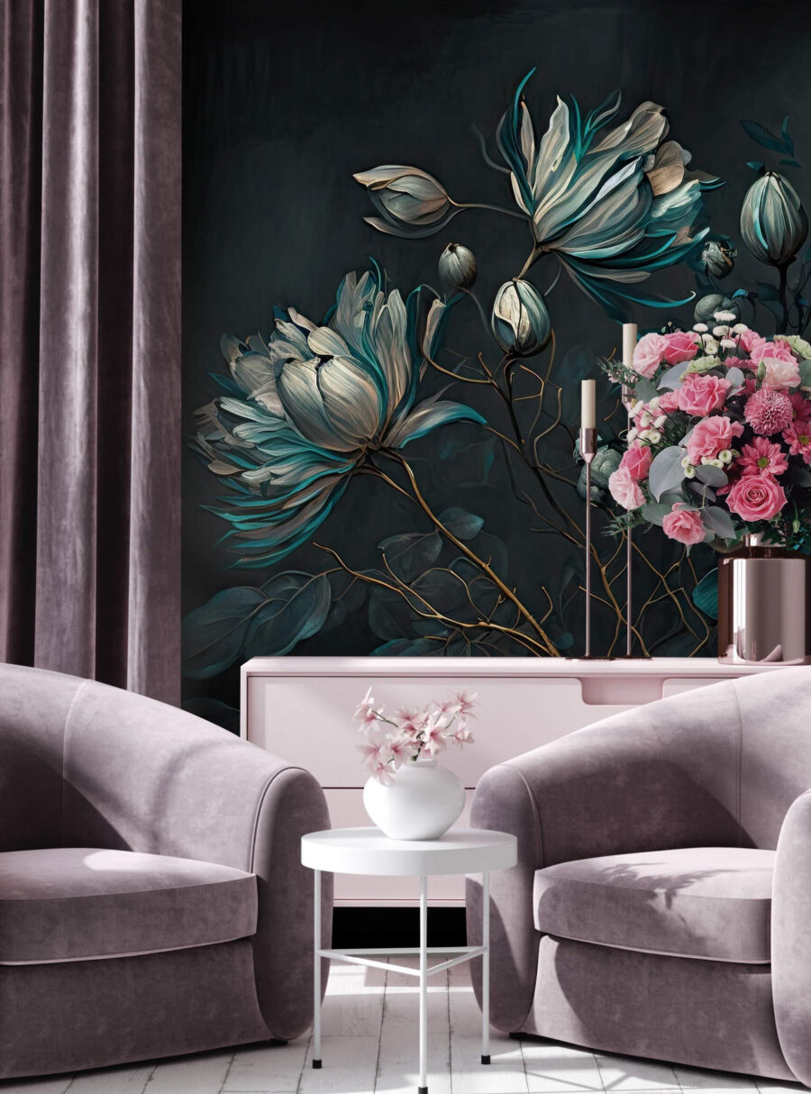 Turquoise bloemen aan sierstelen — interieur 2