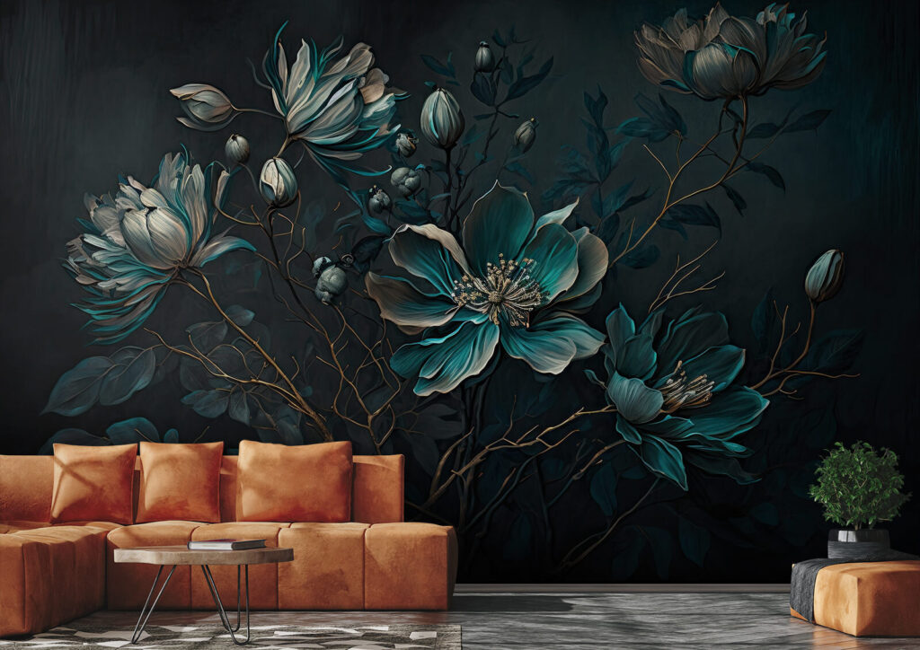 Turquoise bloemen aan sierstelen — interieur 3